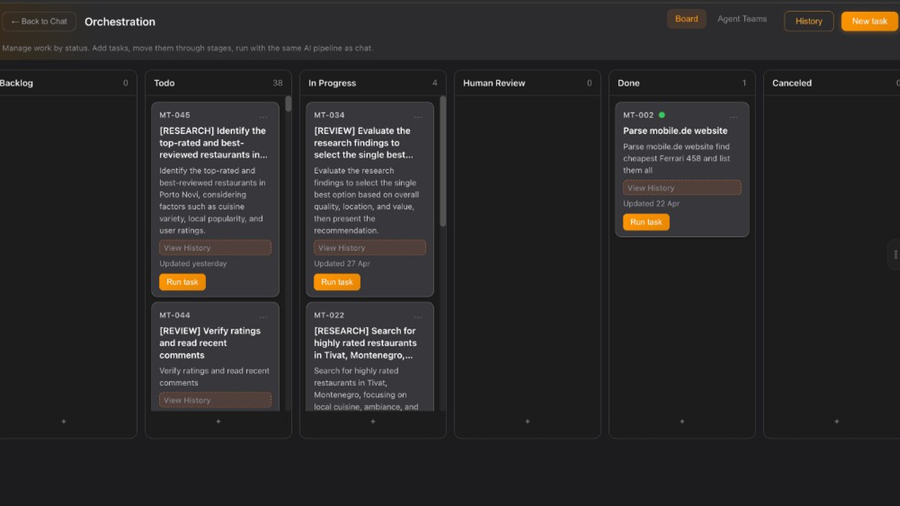 Zanqira Orchestration Kanban board with Todo, In Progress, and Done columns
