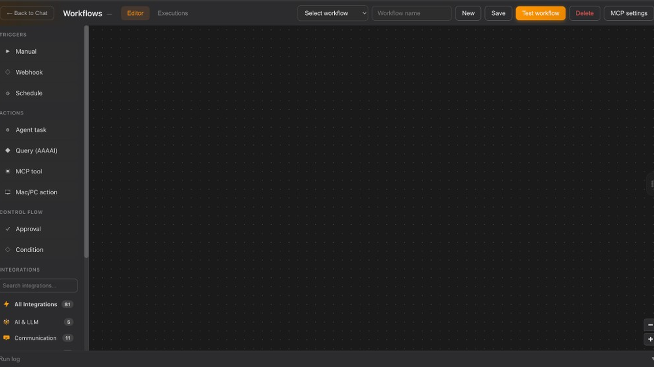 Zanqira Workflows editor with triggers, actions, and integrations palette